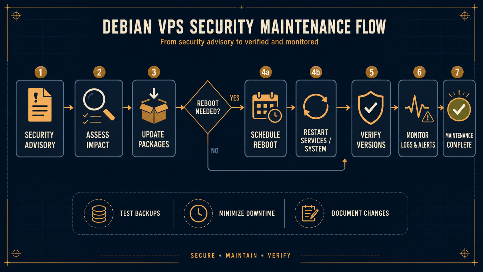 Editorial flow from Debian advisory to package update, reboot decision, and verification.